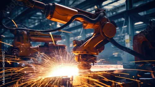 a welding robotic arm in a metal factory, industry, flying sparks