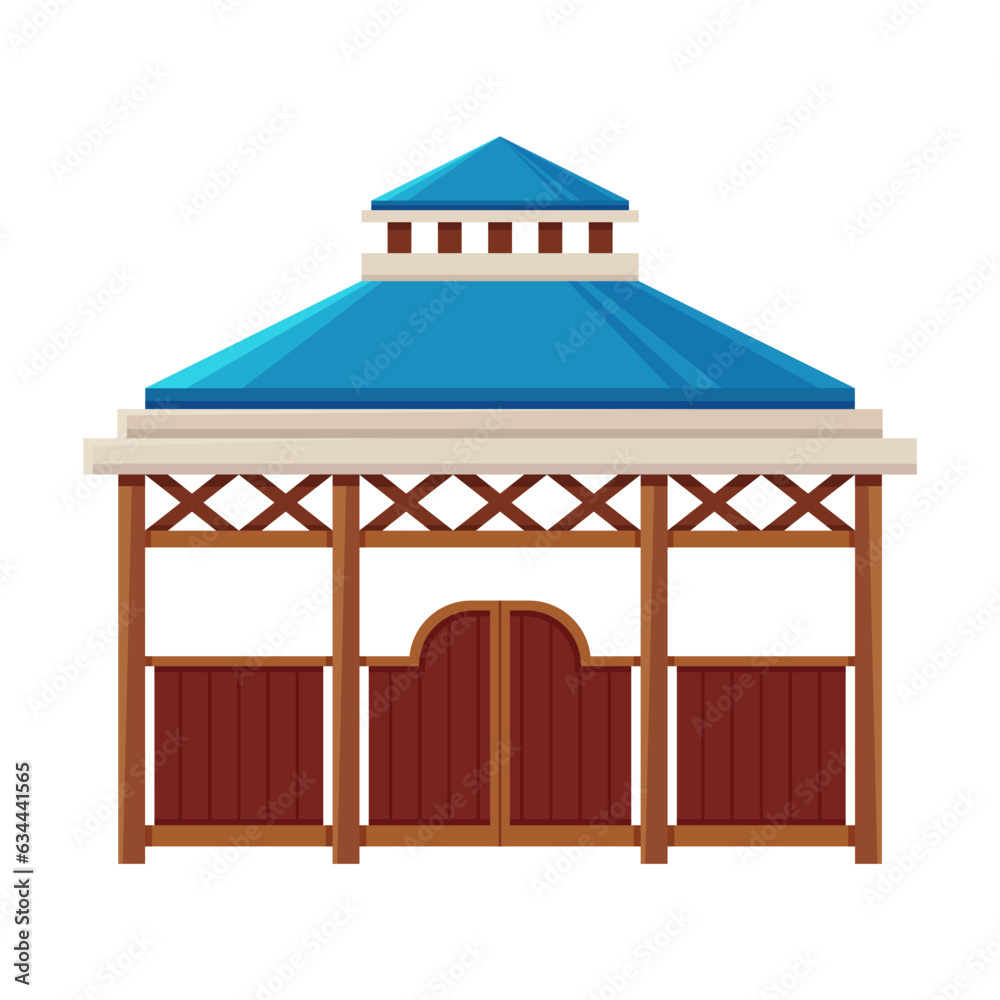 Pavilion or wooden medieval gate on white background. Bower, pergola or gazebo cartoon illustration. Park or garden elements. Landscape design concept