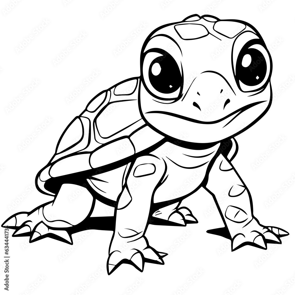 Black and white cute cartoon turtle. Coloring book for the children. Vector illustration Black and white cute cartoon turtle. Coloring book for the children. Vector illustration