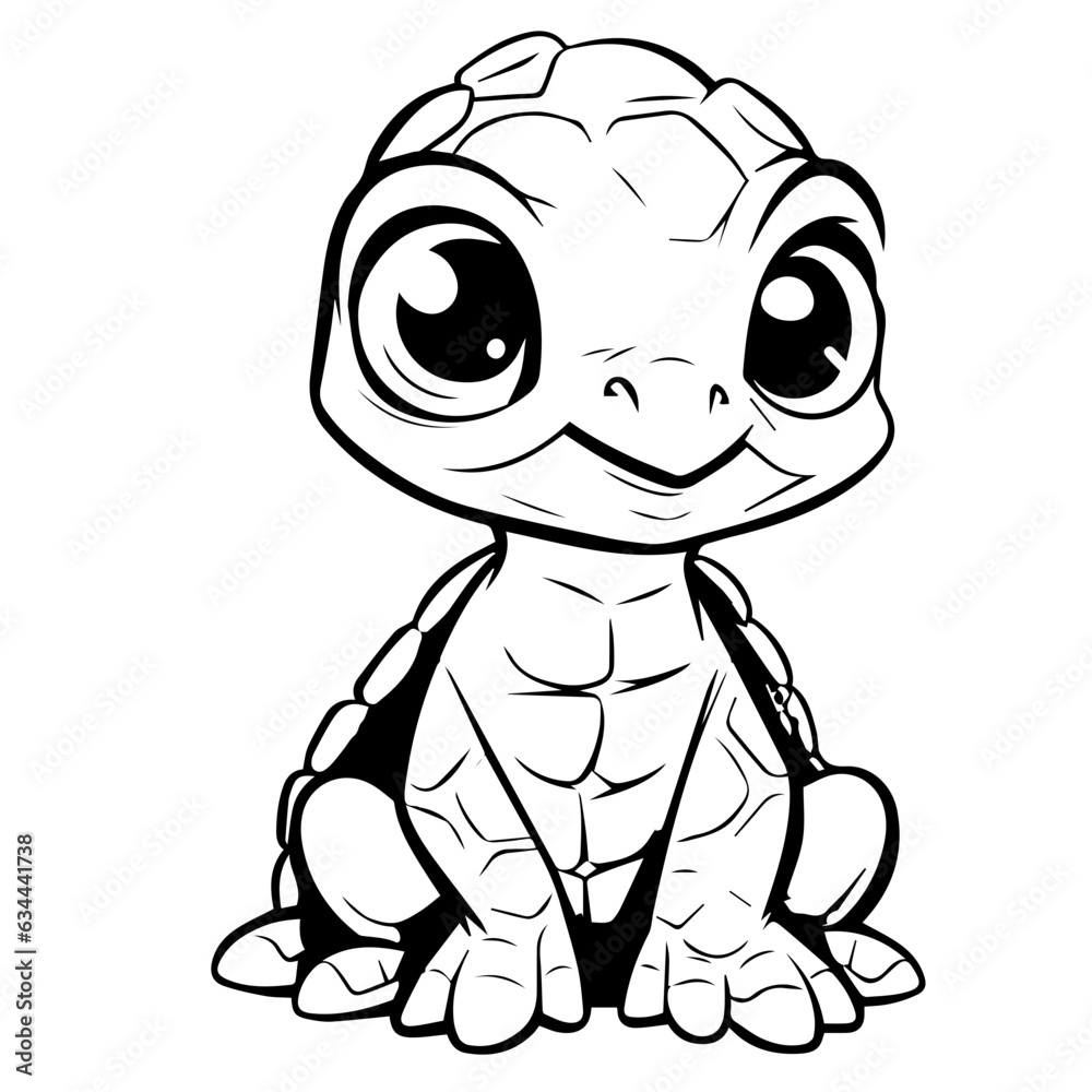 Obraz premium Black and white cute cartoon turtle. Coloring book for the children. Vector illustration
