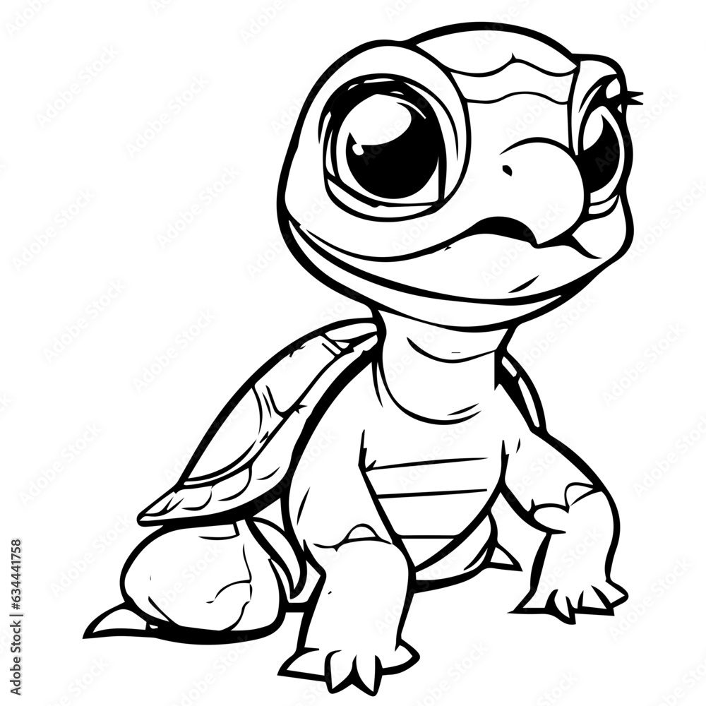 Obraz premium Black and white cute cartoon turtle. Coloring book for the children. Vector illustration