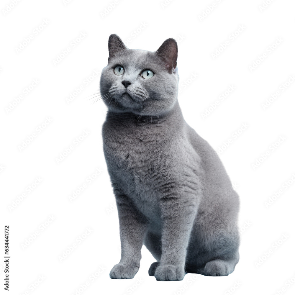 Russian blue cat stands on transparent background with clouds in studio