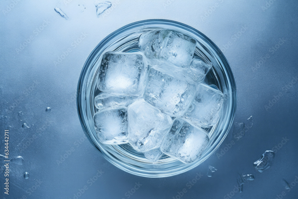 Glass of water with ice standing on blue background. Top view, isolated. Glass of water with ice standing on blue background. Top view, isolated.