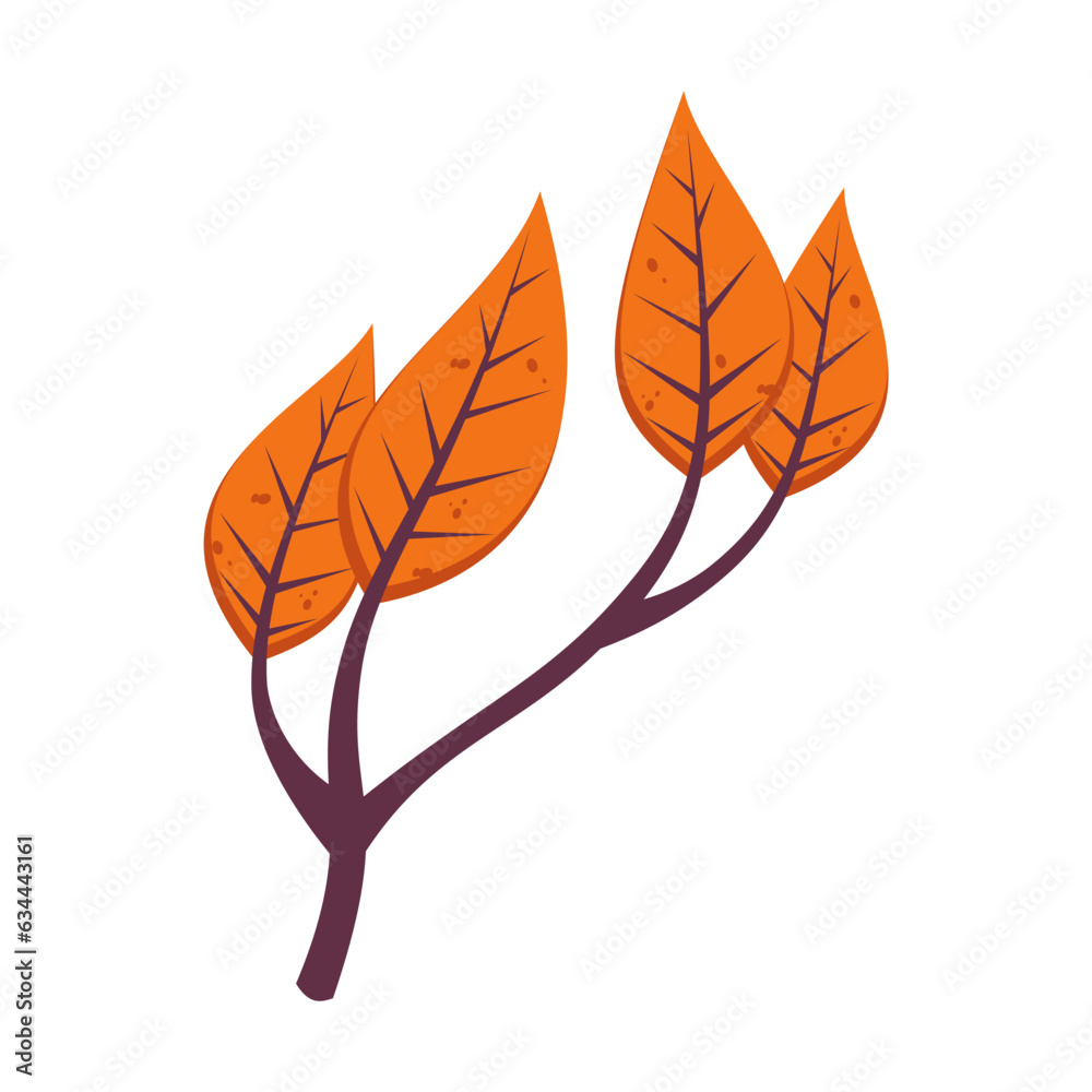 Autumn orange leaves illustration. Cartoon drawing of floral autumnal element, orange leaves, branch. Autumn decoration, nature concept.