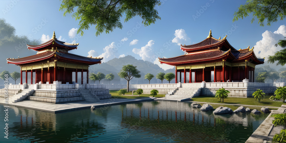 Naklejka premium Pagoda Temple Landscape With Beautiful Environment For Background