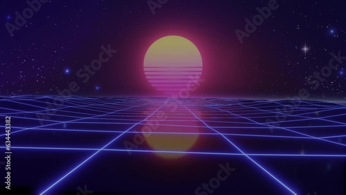 Synthwave Sunset. Animated Background. 80s Sun. Wireframe Landscape. Retro Future Perspective Grid. Retrowave Style. Sci-fi Abstract Backdrop. 3d render. Seamless loop