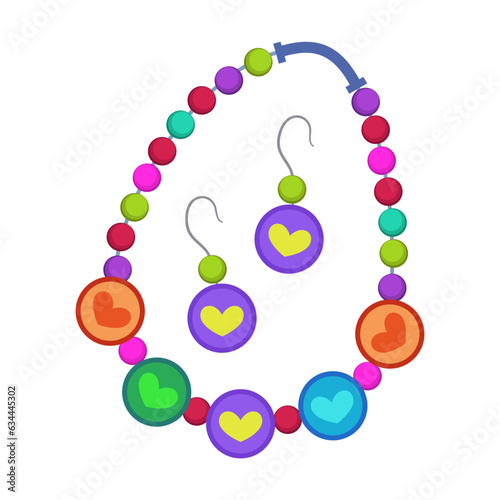 Bracelet and earrings from beads on white background. Plastic jewelry for children, bearded accessory for kids cartoon illustration. Accessories, fashion concept