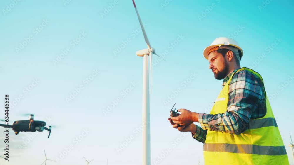 Support and maintenance of wind turbines. Engineer using a remote control controls a drone to inspect a wind park Support and maintenance of wind turbines. Engineer using a remote control controls a drone to inspect a wind park