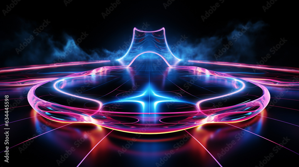 Three-dimensional rendering of a neon soccer field concept, depicting a vibrant football pitch for virtual sports, characterized by luminous pink and blue lines. Presented in isola  - obrazy, fototapety, plakaty 