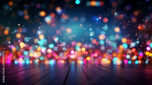An abstract celebratory backdrop adorned with neon bokeh lights, radiant lines, and a dynamic multicolor wallpaper, providing ample room for text or copy space.  photo