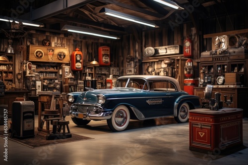 Vintage Car Collector's Garage: A garage with classic car memorabilia, vintage gas pumps, and retro automotive decor. Generative AI