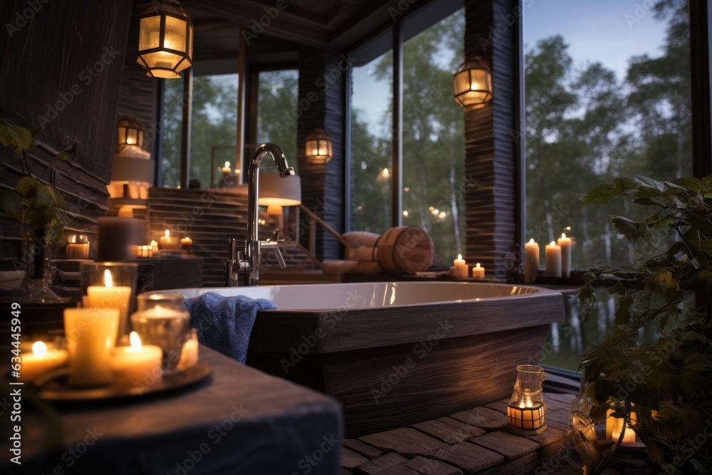 Home Spa Sanctuary: A bathroom with a freestanding bathtub, aromatic candles, and plush robes for ultimate relaxation. Generative AI