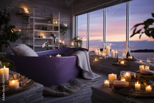 Home Spa Sanctuary  A bathroom with a freestanding bathtub  aromatic candles  and plush robes for ultimate relaxation. Generative AI