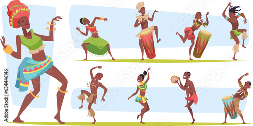 African people. Tribal dancers in different poses exact vector african characters