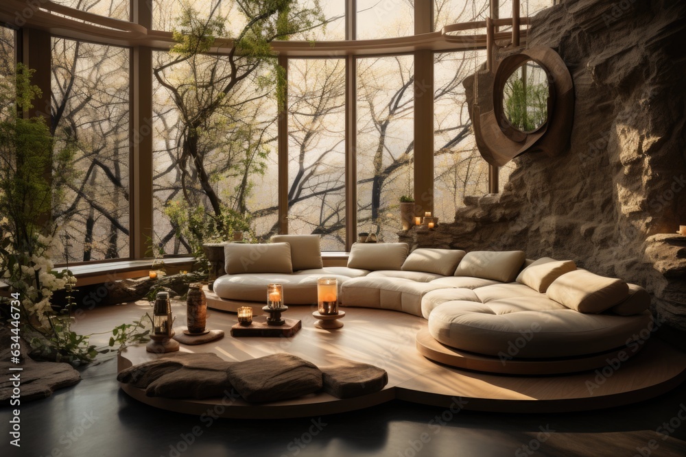 A meditation room with floor cushions, bonsai trees, and calming neutral tones. Generative AI
