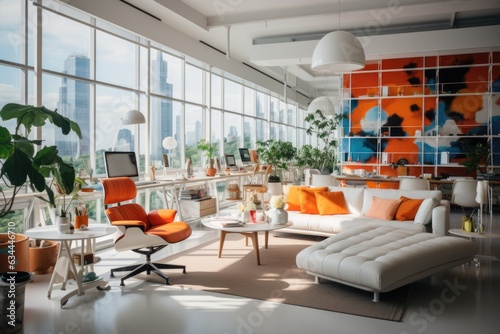 Crisp Contemporary: An office space with clean white surfaces, ergonomic furniture, and pops of bright color. Generative AI
