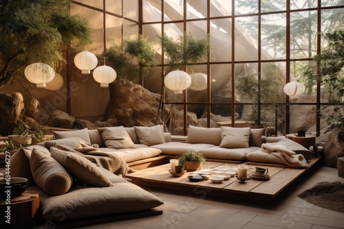 A meditation room with floor cushions, bonsai trees, and calming neutral tones. Generative AI © Ivy