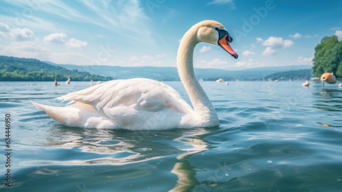 Swan, Beautiful white swan floating on the lake, White swan in the water. © sirisakboakaew