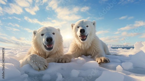 A polar bear relaxes on drift ice. Two animals are playing in the snow.
