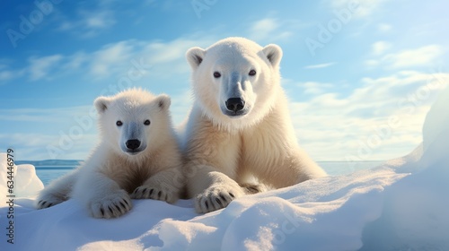 A polar bear relaxes on drift ice. Two animals are playing in the snow.
