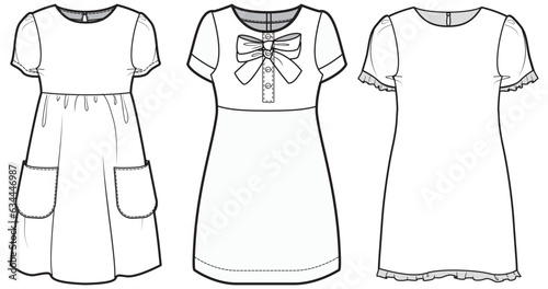 Women shift dress design flat sketch fashion illustration drawing with front and back view. Short dress gown vector template
