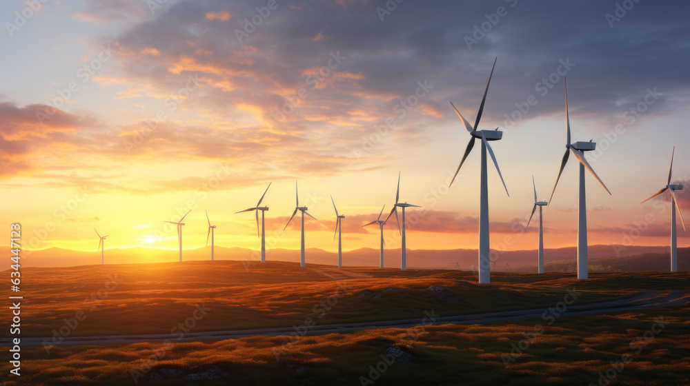 Obraz premium Picturesque wind turbines on a colorful sunrise