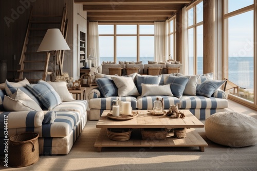 Nautical Escape: A coastal-themed living room with striped upholstery, weathered wood, and nautical accents. Generative AI