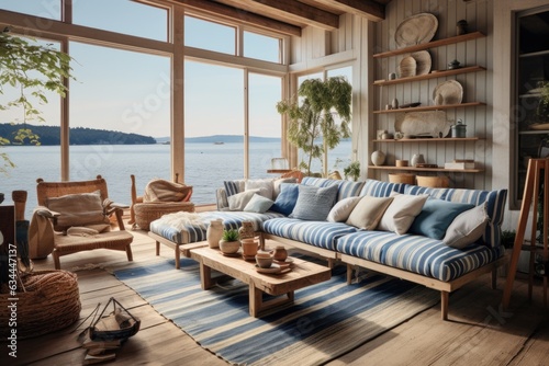 Nautical Escape: A coastal-themed living room with striped upholstery, weathered wood, and nautical accents. Generative AI © Ivy