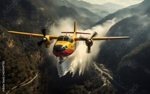 Firefighting aircraft dropping water and extinguishing agents over a wildfire.