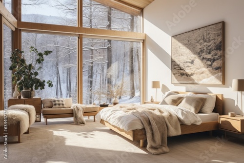 Scandinavian Sanctuary  A bedroom with light wood furniture  neutral tones  and plenty of natural light for a serene atmosphere. Generative AI