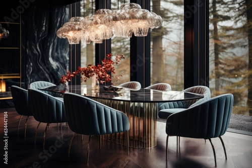 Modern Elegance: A dining room with a crystal chandelier, marble table, and velvet upholstered chairs exuding sophistication. Generative AI