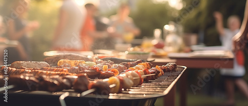 Barbecue grill during party at backyard with blured a lot of friends morning