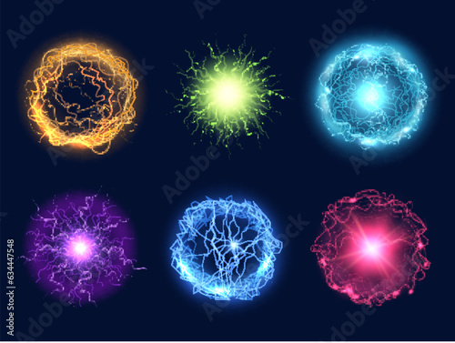 Energy sphere. Realistic lighting power of electric or thunder explosion decent vector template set