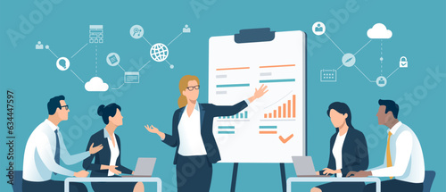 School, education, learning. Business illustration. Students listens to the teacher. 