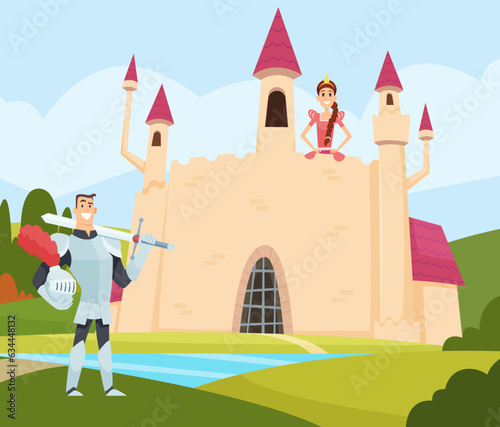 Rescue princess. knight in armor standing near big castle. Vector fairytale background
