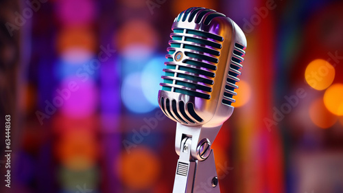 photograph of A classic musical microphone on blur colorful background.