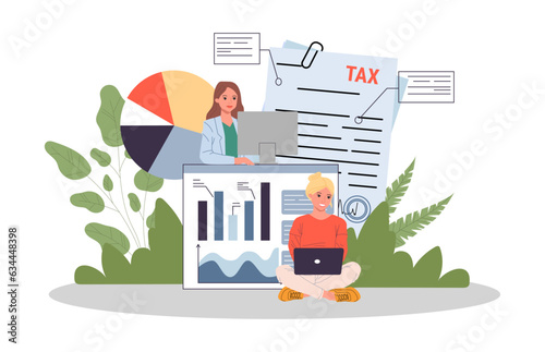 Female workers with charts and taxes vector illustration. Cartoon drawing of women with documents or bills, statistics of income or expenses. Taxation, accounting, economy, finances concept