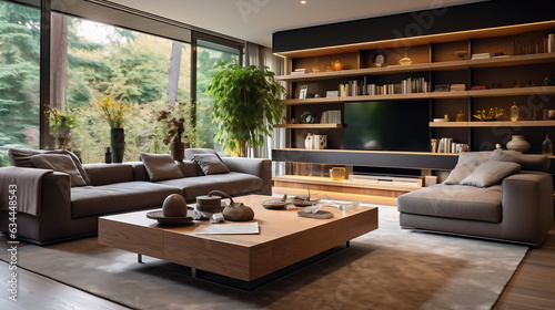 Fotografía detallada de una sala moderna con sofás de diseño cautivador. La iluminación es impactante pero serena, emanando sensaciones positivas. photo
