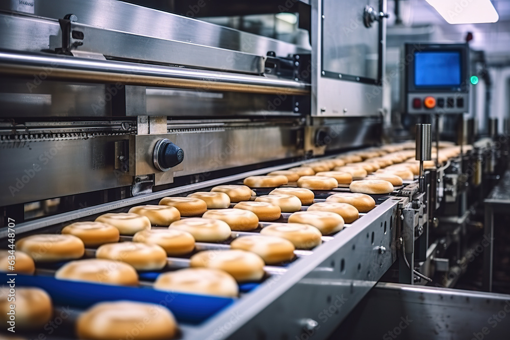 Fresh, just-baked rolls on a production line. Industrial bread baking - obrazy, fototapety, plakaty 