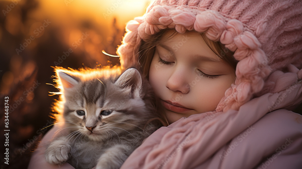 a little girl sleeping cute kitty happily a little girl sleeping cute kitty happily