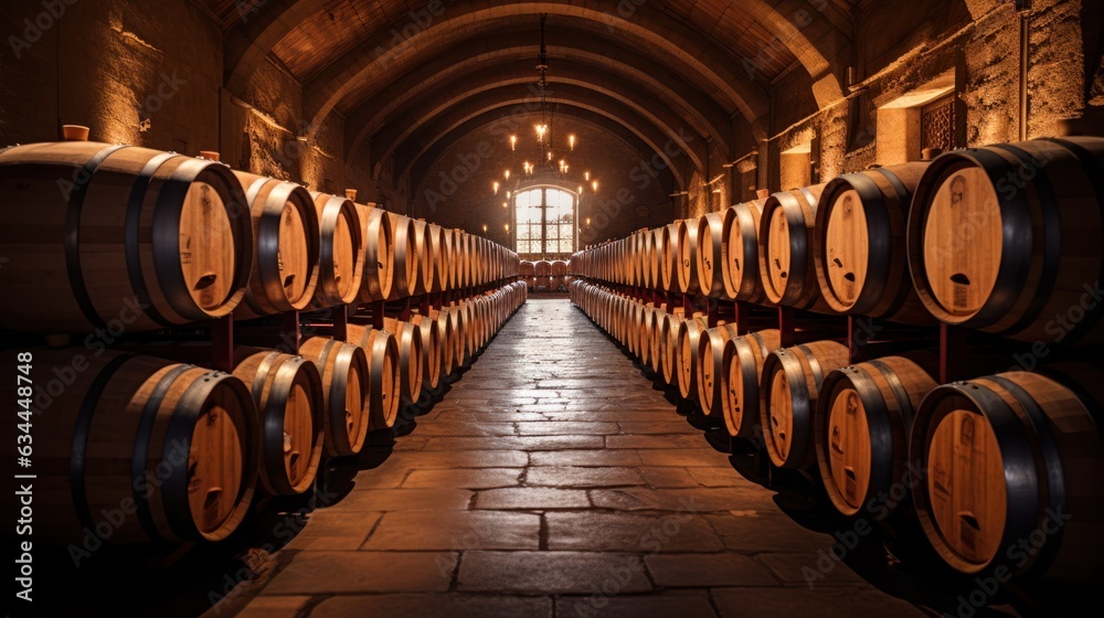 Wine barrels in wine vaults, Wine or whiskey barrels.