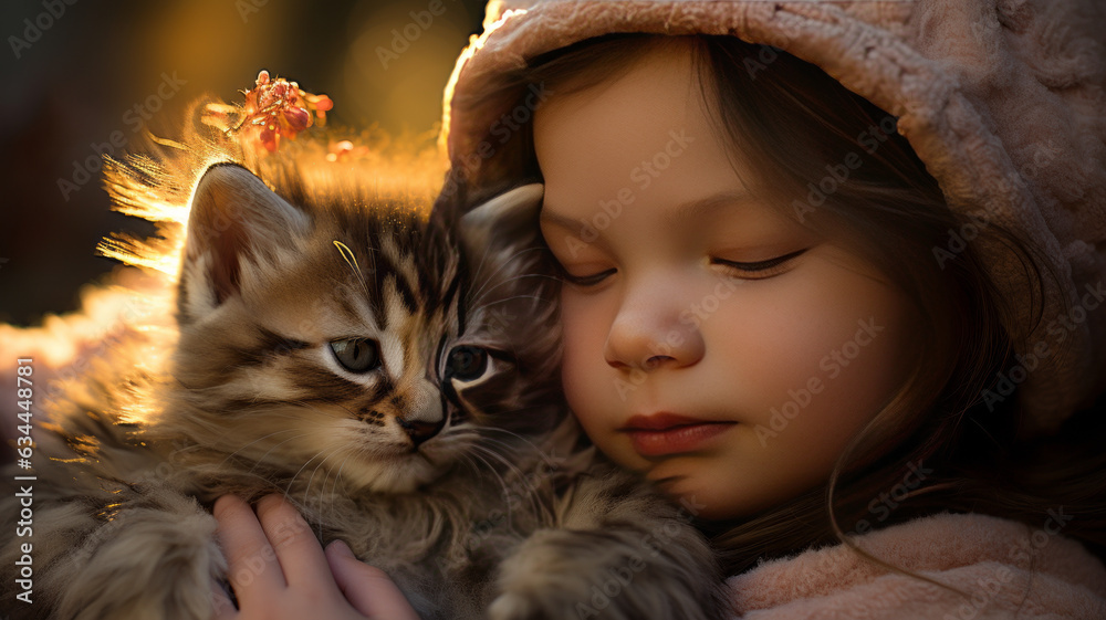 a little girl sleeping cute kitty happily a little girl sleeping cute kitty happily