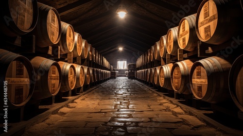 Wine barrels in wine vaults, Wine or whiskey barrels.