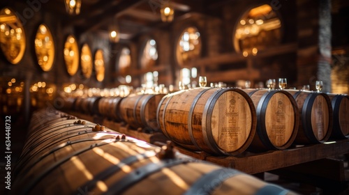 Wine barrels in wine vaults, Wine or whiskey barrels.