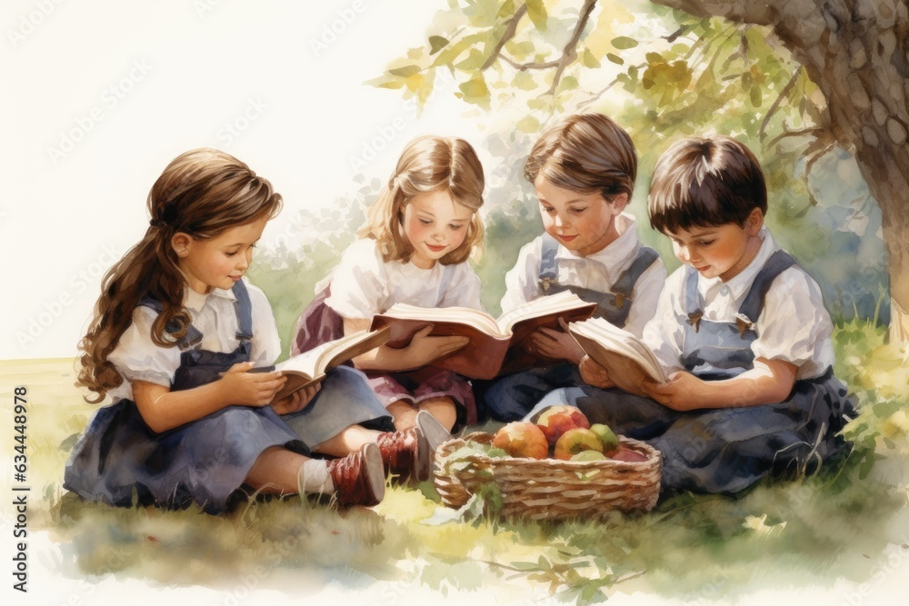 Children reading story book together, Illustration Children reading story book together, Illustration