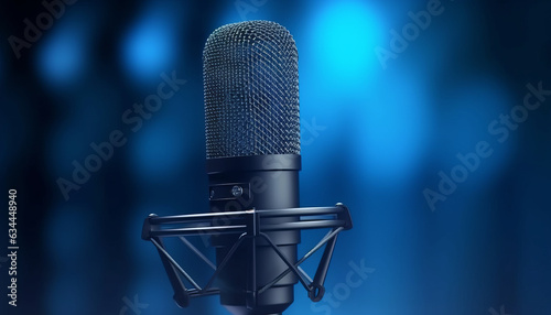 photograph of Professional microphone with waveform on blue background banner