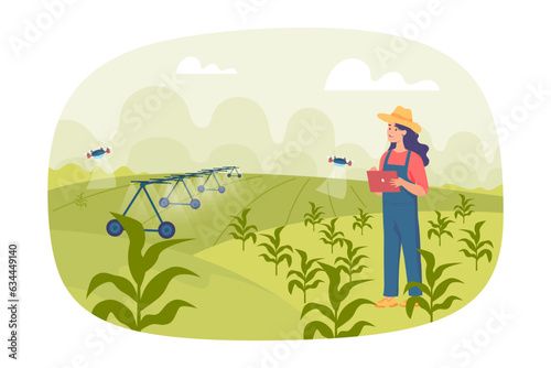 Farmer using drones for watering plants vector illustration. Cartoon drawing of happy woman using gadgets in field. Automation, robotization, agriculture, technology concept