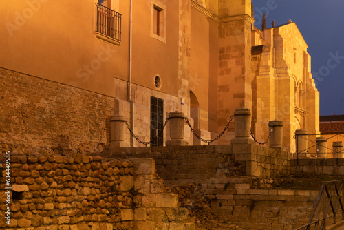 San Isidoro church in the old town of the city of León, spain, illuminated at night. photo