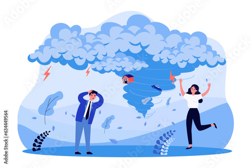 Man and woman scared of hurricane or storm vector illustration. Cartoon drawing of people shocked by house and car in tornado. Danger, natural disaster, seasons, weather or meteorology concept