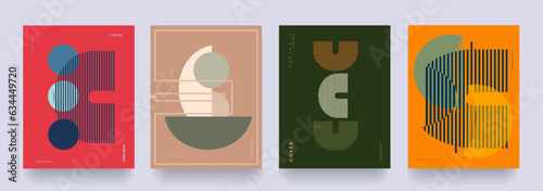 Retro Posters Bauhaus with Red, Orange, Green Color. Geometric Vector Shape Line, Сircle for Poster, Website, Placard, Cover, Advertising. Abstract Pattern for Сoncert, Performance, Festival. 